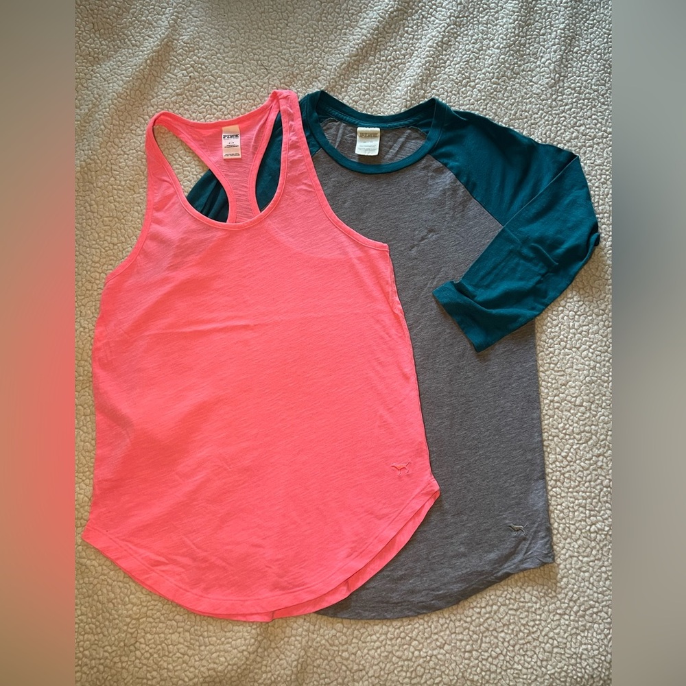 Victoria Secret Pink- 3/4 sleeve t-shirt (XS) and free pink tank top (S).